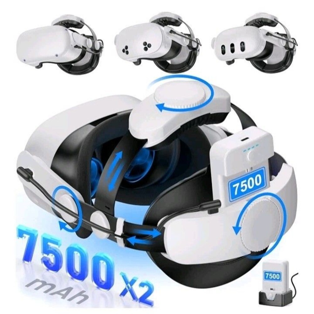 Adjustable VR Head Strap for Metaquest 3/2 with 7500mah Hot Swap Batteries